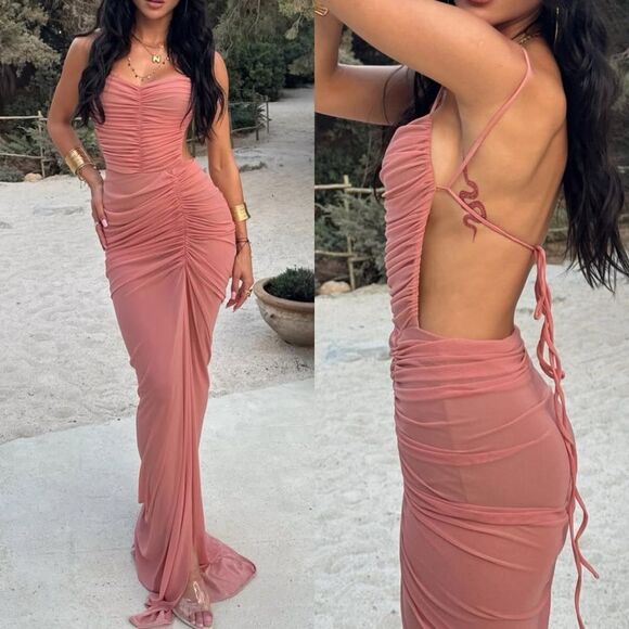 Michael Costello x REVOLVE Follie Maxi Pink Dress Gown Mesh Halter Size XS - Picture 1 of 16